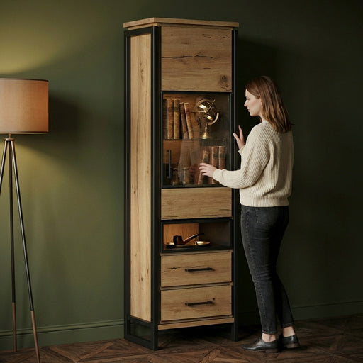 Vitrina Dreapta Reno Cu 1 Usa Si 2 Sertare, Smoked Oak, Furnir Din Lemn Masiv, 60 Cm