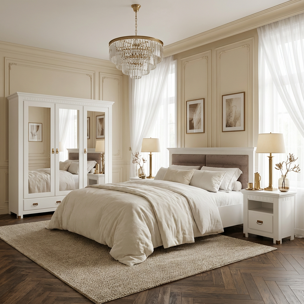 Set Dormitor Saint Tropez, Pat Cu Dimensiune Saltea 160 X 200, Dulap De 207.8 Cm, 2 Noptiere, Vopsit Alb