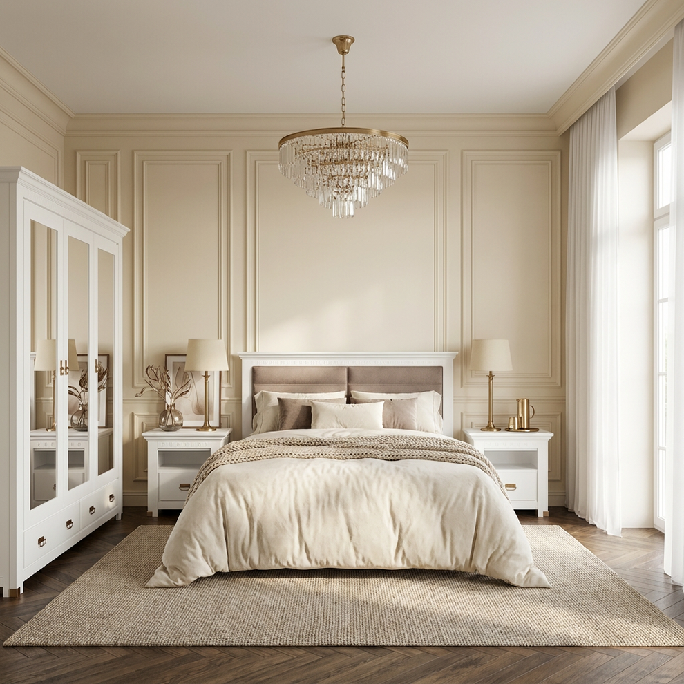 Set Dormitor Saint Tropez, Pat Cu Dimensiune Saltea 160 X 200, Dulap De 207.8 Cm, 2 Noptiere, Vopsit Alb
