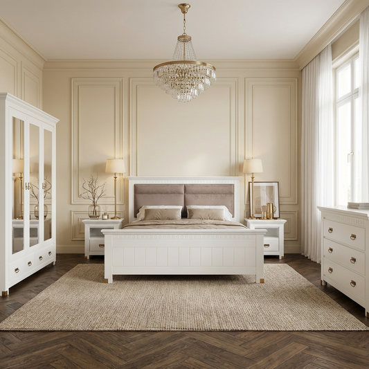 Set Dormitor Saint Tropez, Pat Cu Dimensiune Saltea 160 X 200, Dulap De 207.8 Cm, 2 Noptiere, Vopsit Alb