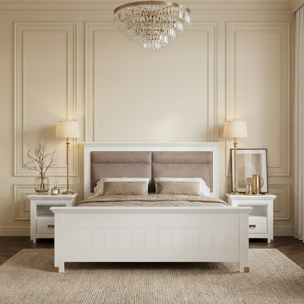 Pat Dormitor Saint Tropez, Dimensiune Saltea 160 x 200 Cm, Tablie Tapitata, Vopsit Alb
