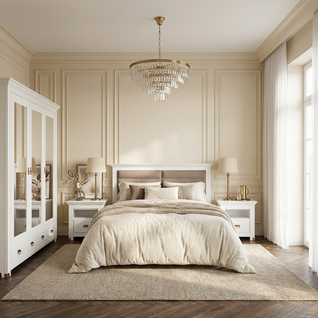 Set Dormitor Saint Tropez, Pat Cu Dimensiune Saltea 180 X 200, Dulap De 207.8 Cm, 2 Noptiere, Vopsit Alb