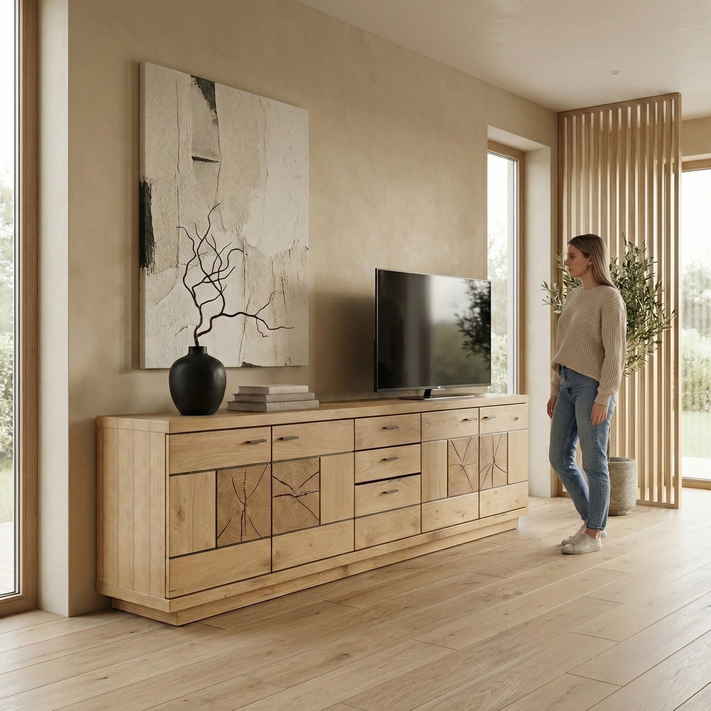 Comoda Tv Cu 4 Usi si 3 Sertare Dakota, Furniruit, 225.3 Cm