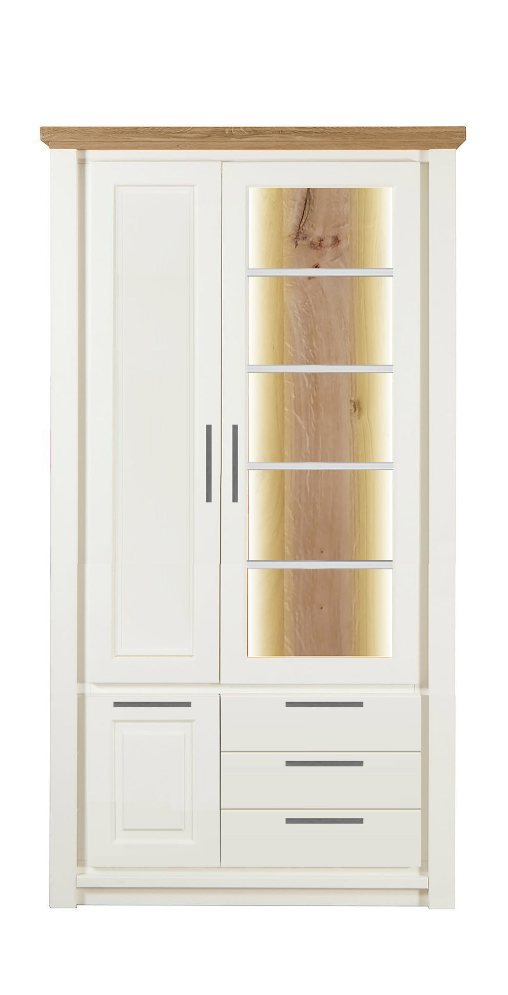 Vitrina Cu 3 Usi Si 3 Sertare Thuxon Alb, Vopsit Si Furniruit Stejar, 107.6 Cm