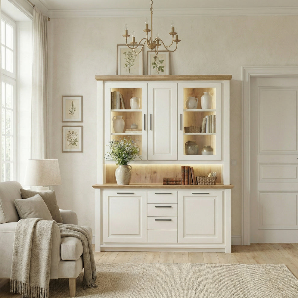 Bufet Cu Vitrina 3 Usi Thuxon Alb, Stejar Furniruit, 160 Cm