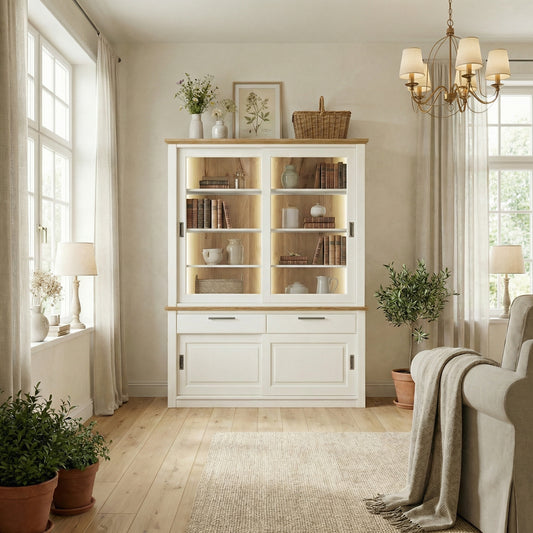 Bufet Cu Vitrina 2 Usi Thuxon Alb, Vopsit Si Furniruit, 147 Cm