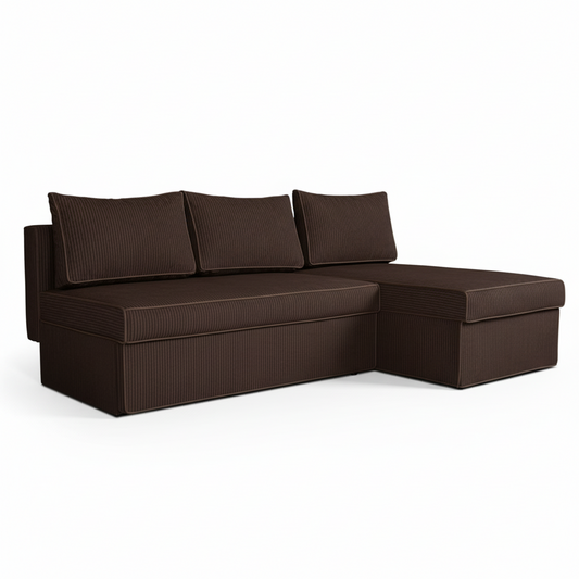 Coltar Extensibil Cu Lada New Modulo, Interschimbabil Stanga/Dreapta,Maro, Catifea raiata, 220 x 80 x 155 Cm