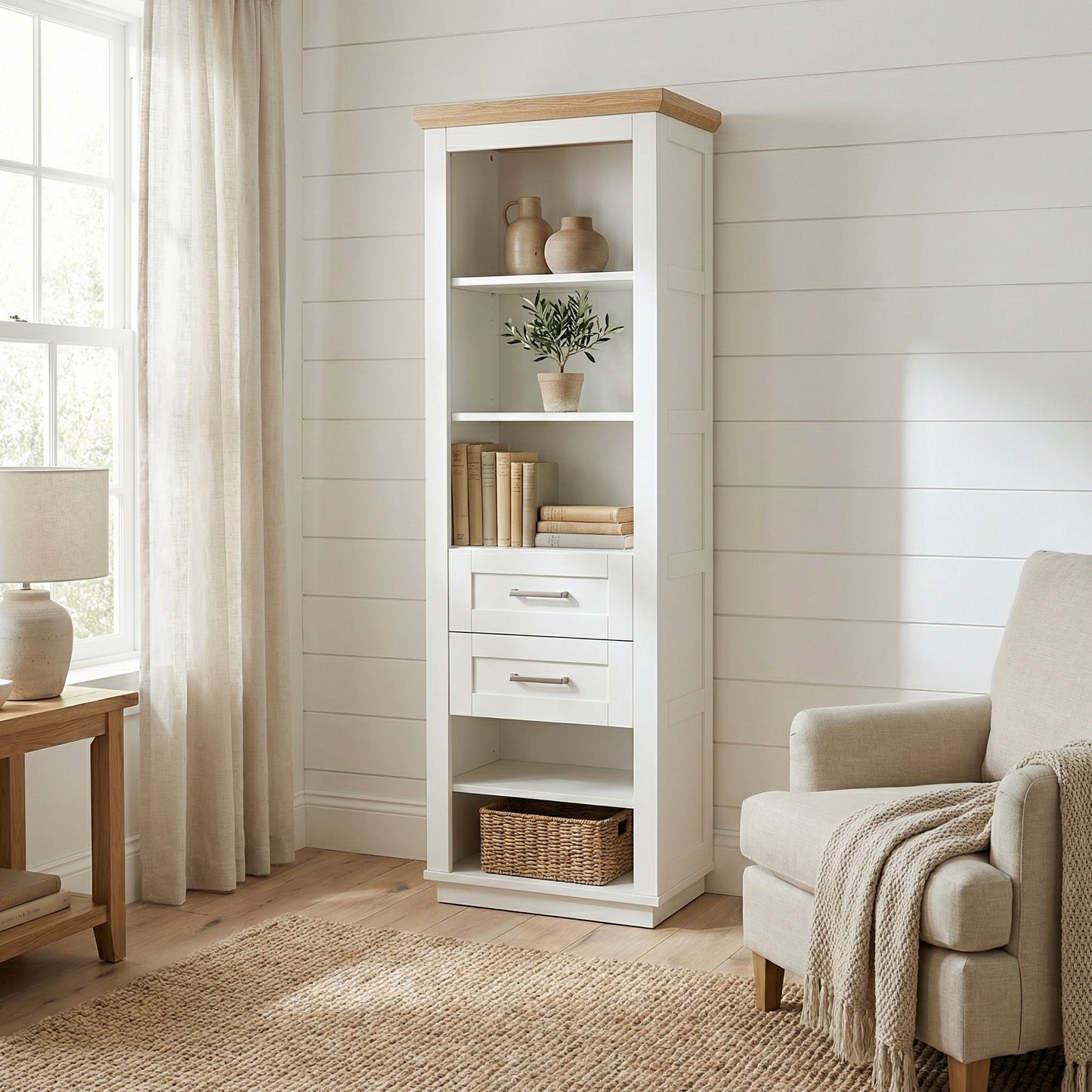 Biblioteca 2 Sertare Alpina, Alb Si Natur, Furniruit 65 Cm