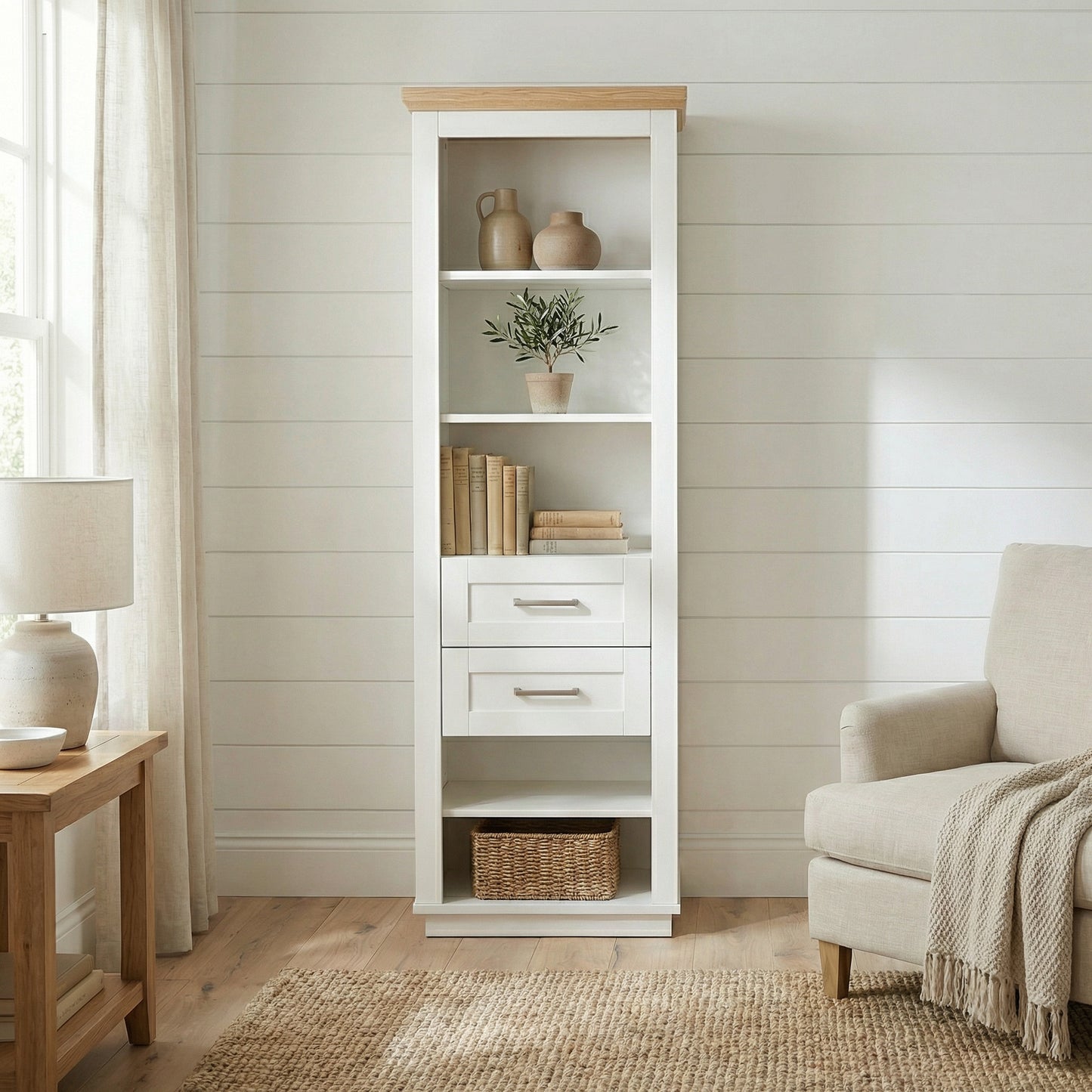 Biblioteca 2 Sertare Alpina, Alb Si Natur, Furniruit 65 Cm