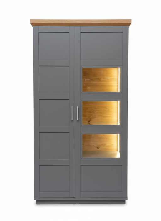 Vitrina Cu 1 Usa Si 1 Sertar Alpina Graphit Matt, Furniruit, Vopsit, Gri Si Natur, 105 Cm