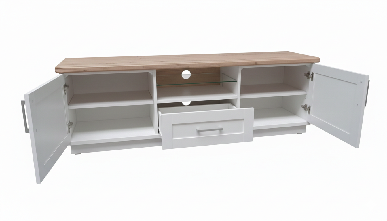 Comoda Tv Alpina Cu 2 Usi, 1 Sertar Si 1 Nisa, Alb Si Natur, 165 Cm