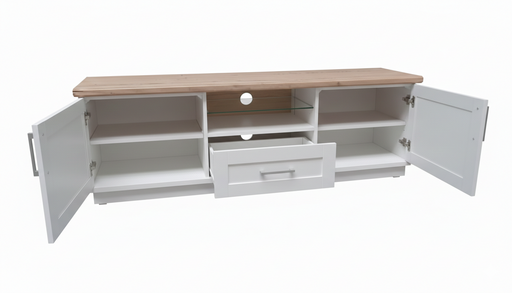 Comoda Tv Alpina Cu 2 Usi, 1 Sertar Si 1 Nisa, Alb Si Natur, 165 Cm