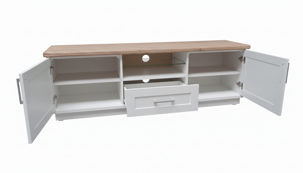 Comoda Tv Alpina Cu 2 Usi, 1 Sertar Si 1 Nisa, Alb Si Natur, 165 Cm