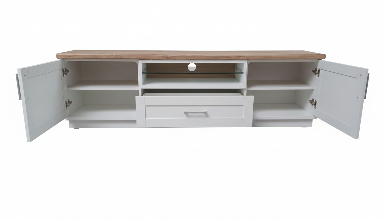 Comoda Tv Alpina Cu 2 Usi, 1 Sertar Si 1 Nisa, Alb Si Natur, 187.5 Cm