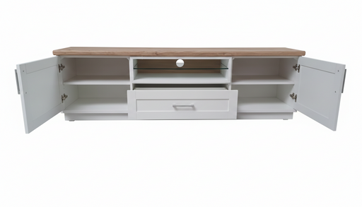 Comoda Tv Alpina Cu 2 Usi, 1 Sertar Si 1 Nisa, Alb Si Natur, 187.5 Cm