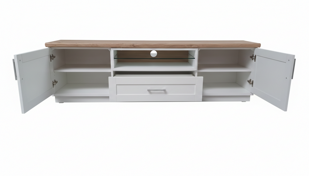 Comoda Tv Alpina Cu 2 Usi, 1 Sertar Si 1 Nisa, Alb Si Natur, 187.5 Cm