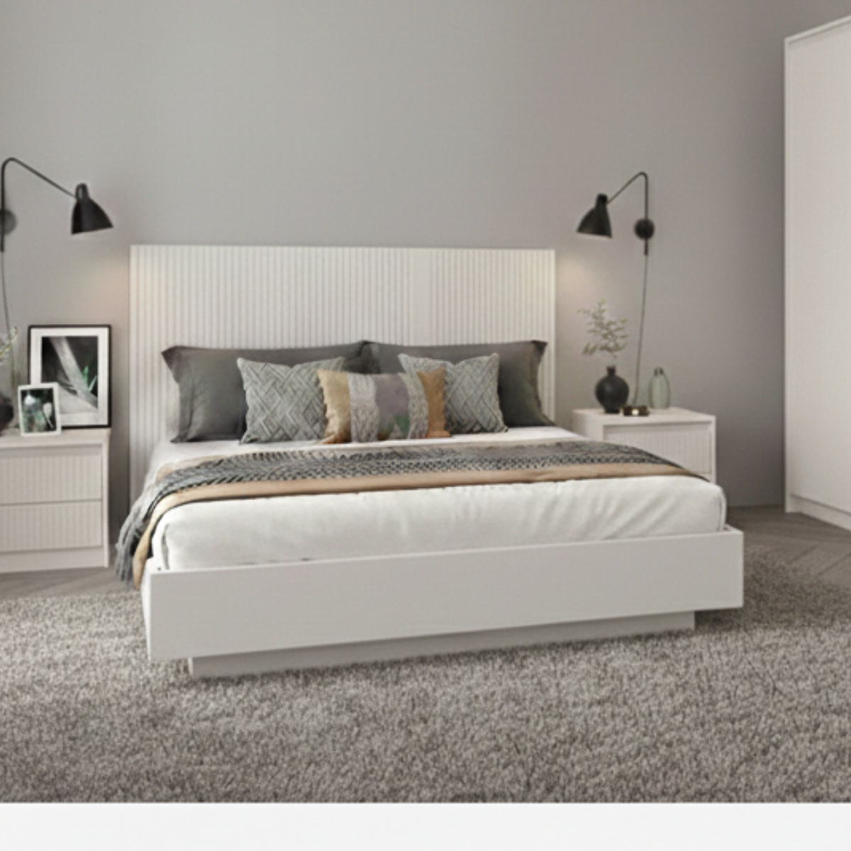 Set Dormitor Mancester, Pat 160 x 200 Cm, Kashmir Si Gri Deschis