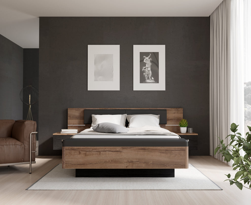 Pat Cu Noptiere Rondino, Dimensiune Saltea 140 x 190 Cm, Black Oak Mud Oak
