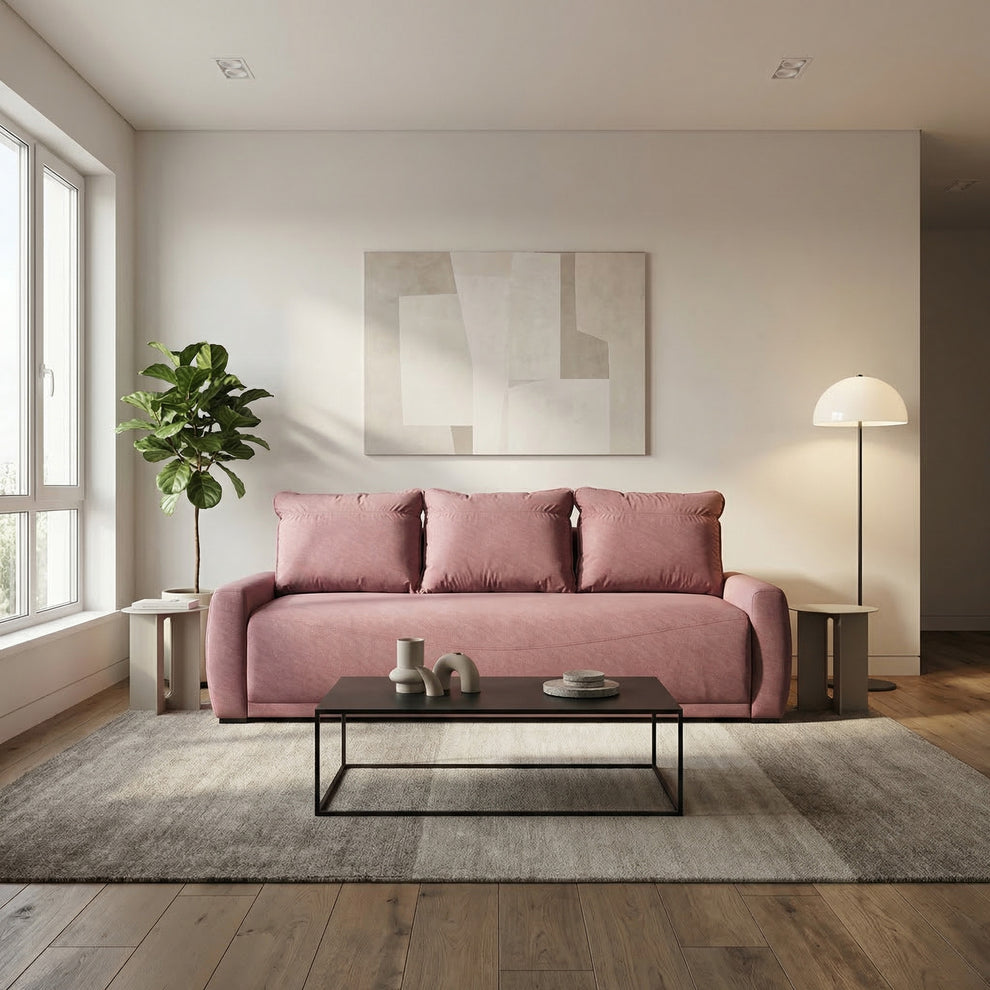 Canapea Extensibila Lea, 3 Locuri, Lada Depozitare, Roz, 225 Cm