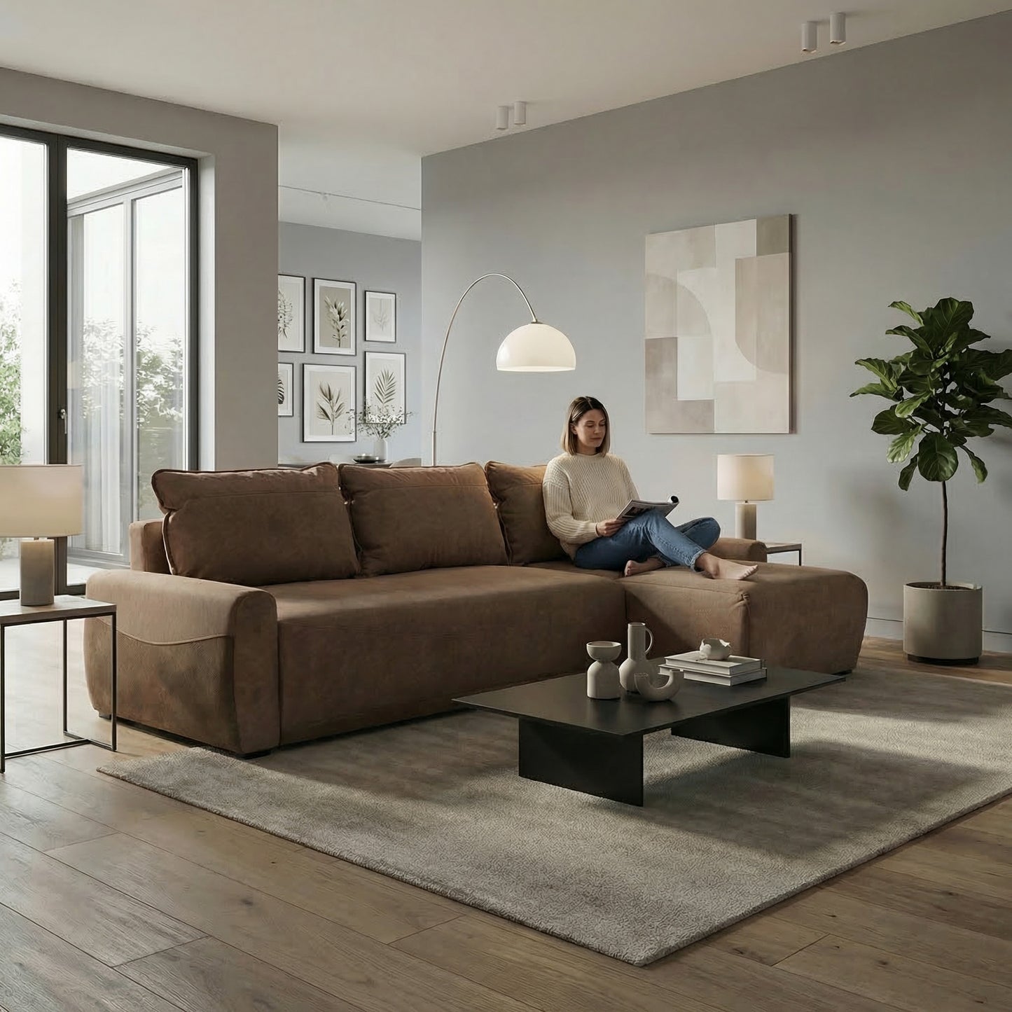 Coltar Extensibil Lea Interschimbabil Stanga/Dreapta, 5 Locuri, Lada Depozitare, Maro 256 Cm