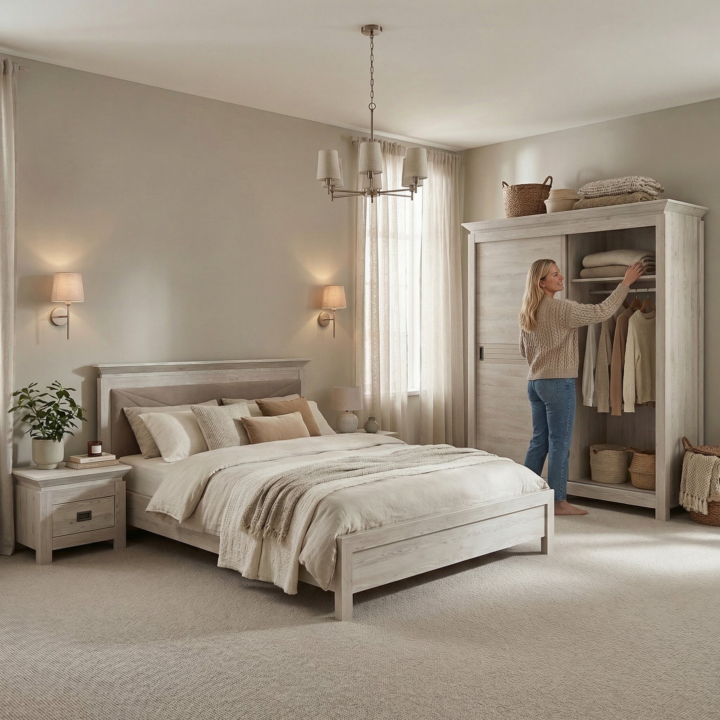 Set Dormitor Casablanca Loft, Pat Cu Dimensiune Saltea 180 X 200, Dulap De 210 Cm, 2 Noptiere