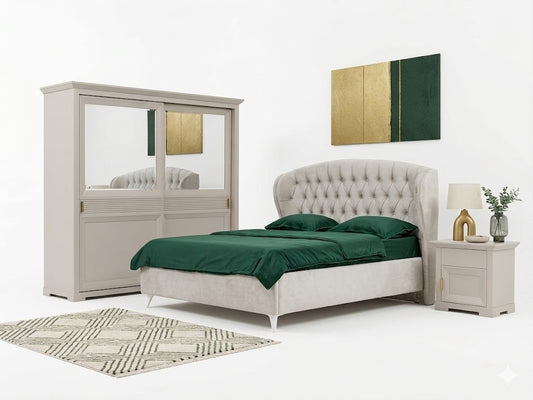 Set Dormitor Verona Kashmir Cu Pat Tapitat, Dimensiune saltea 160 X 200 Cm, 2 Noptiere Si Dulap