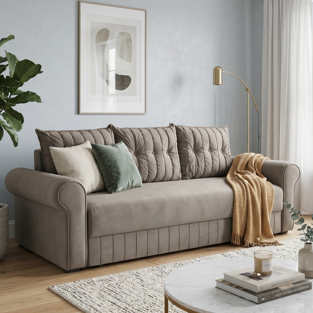 Canapea Extensibila Chic, 3 Locuri, Lada Depozitare, Bej, 242 Cm