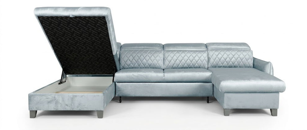 Coltar U Extensibil Cu Lada Tiago, Stanga, 6 Locuri, Tetiere Reglabile, Gri, 330 Cm