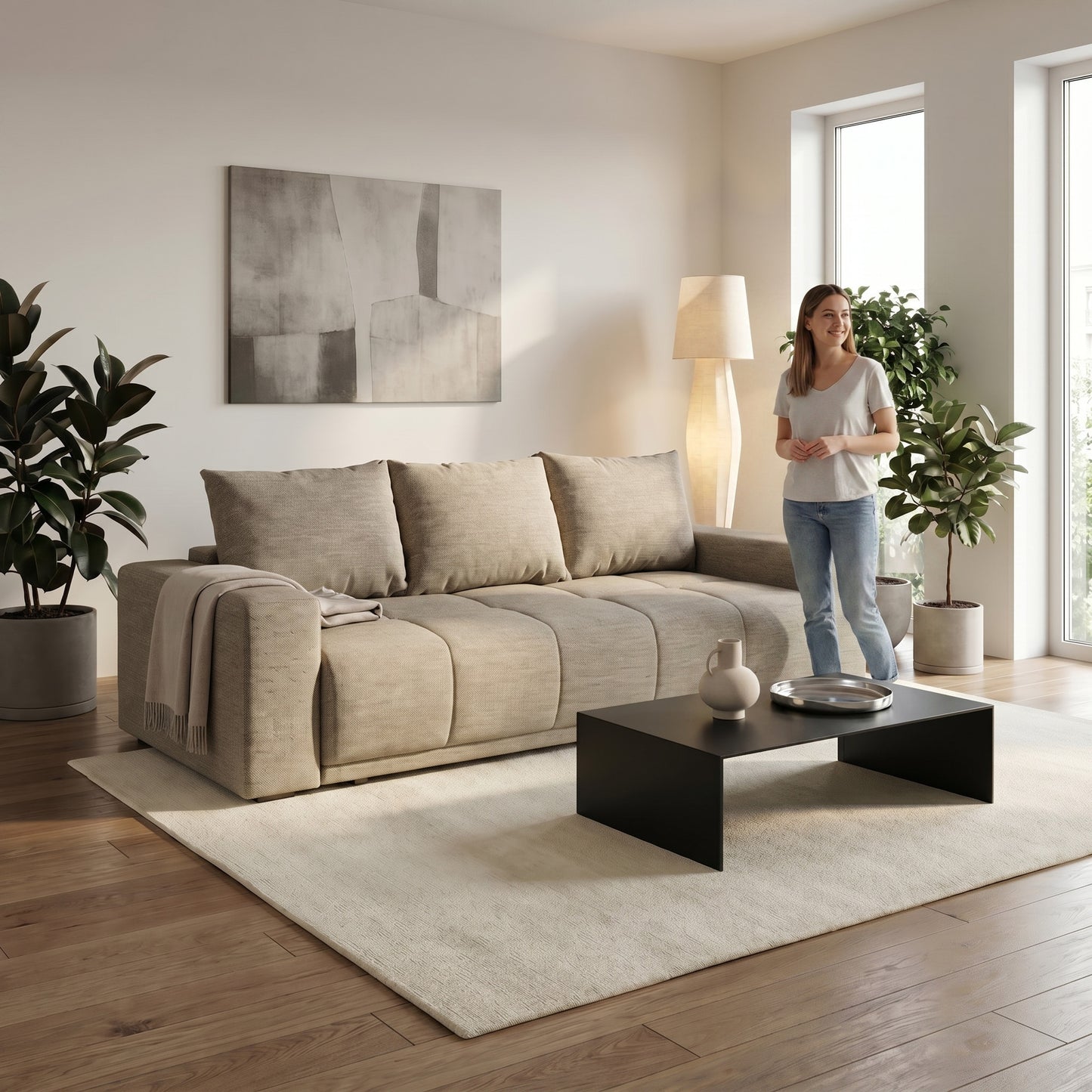 Canapea Extensibila Green, 3 locuri, Lada Depozitare, Bej, Stelar 16, 240 Cm