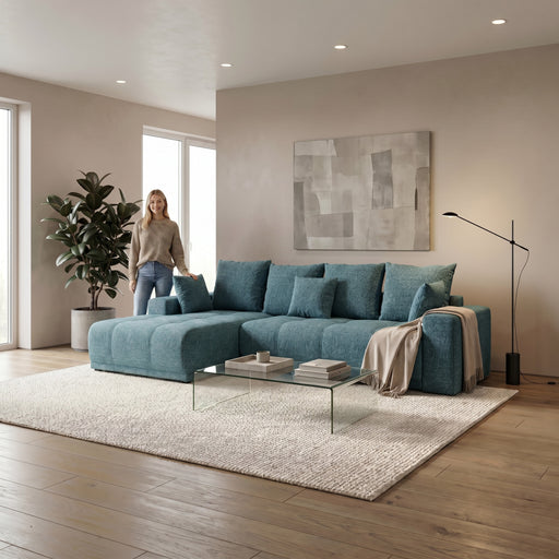 Coltar Cu Insula Dreapta Green, 5 Locuri, Lada Depozitare, Albastru, Cashmere 75, 280 Cm