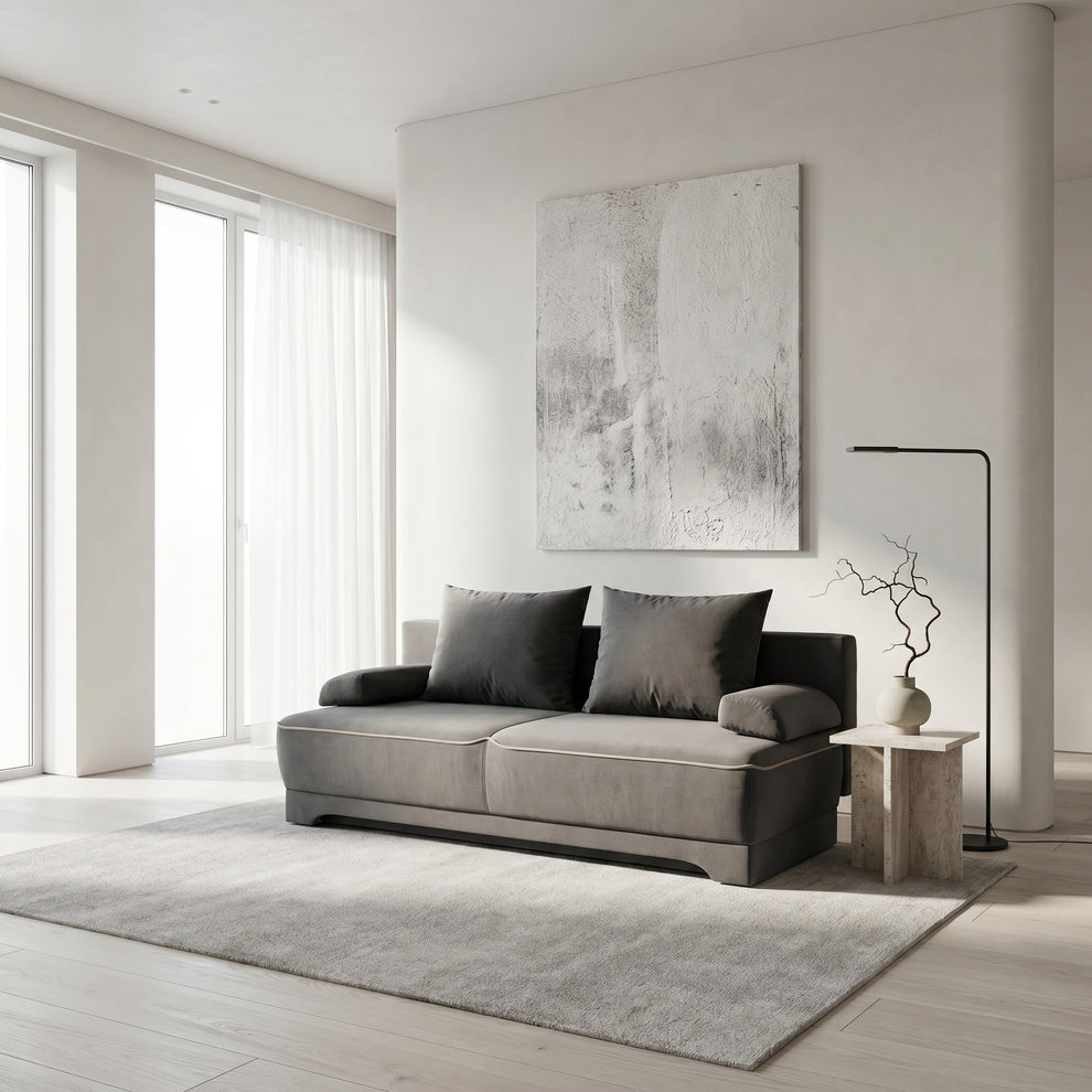 Canapea Extensibila Parma Cu Lada Gri Si Crem, 205 x 80 x 98 Cm
