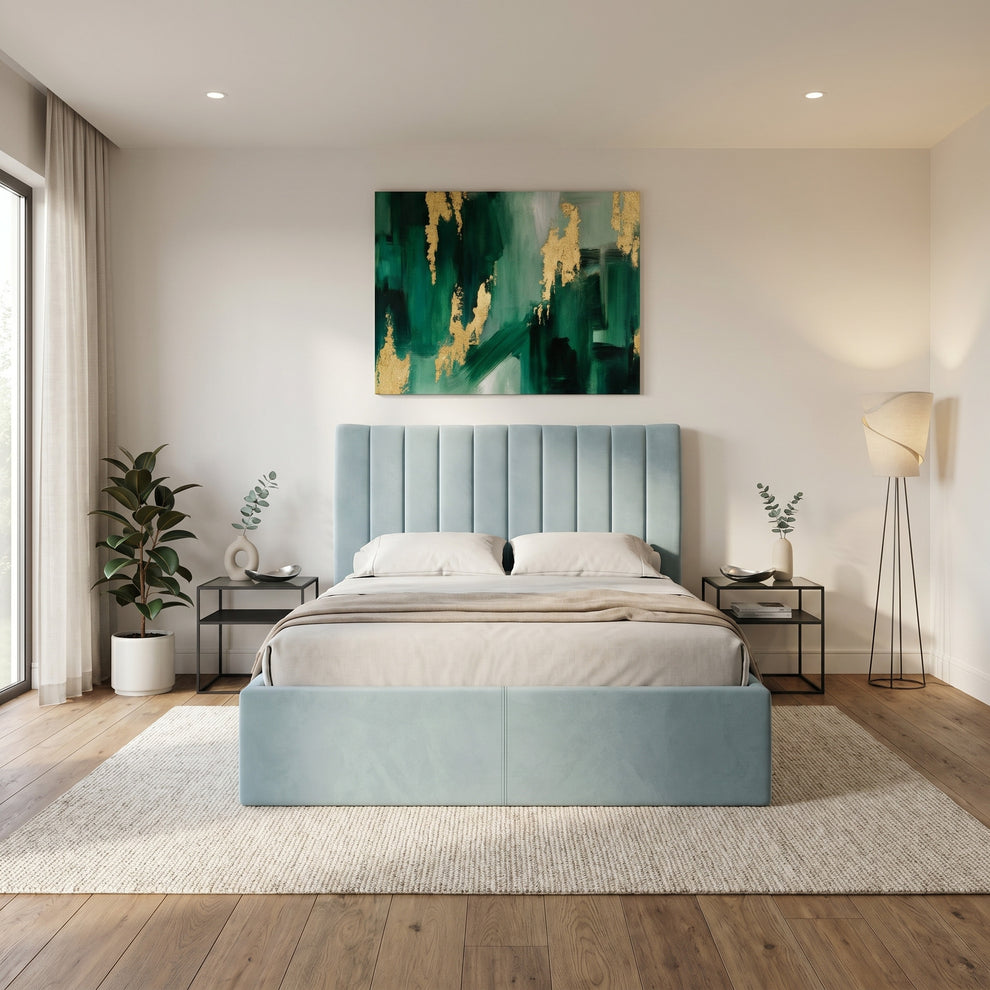 Pat Tapitat Ravel, Albastru, Dimensiune Saltea 180 x 200 Cm, Cu Somiera Rabatabila