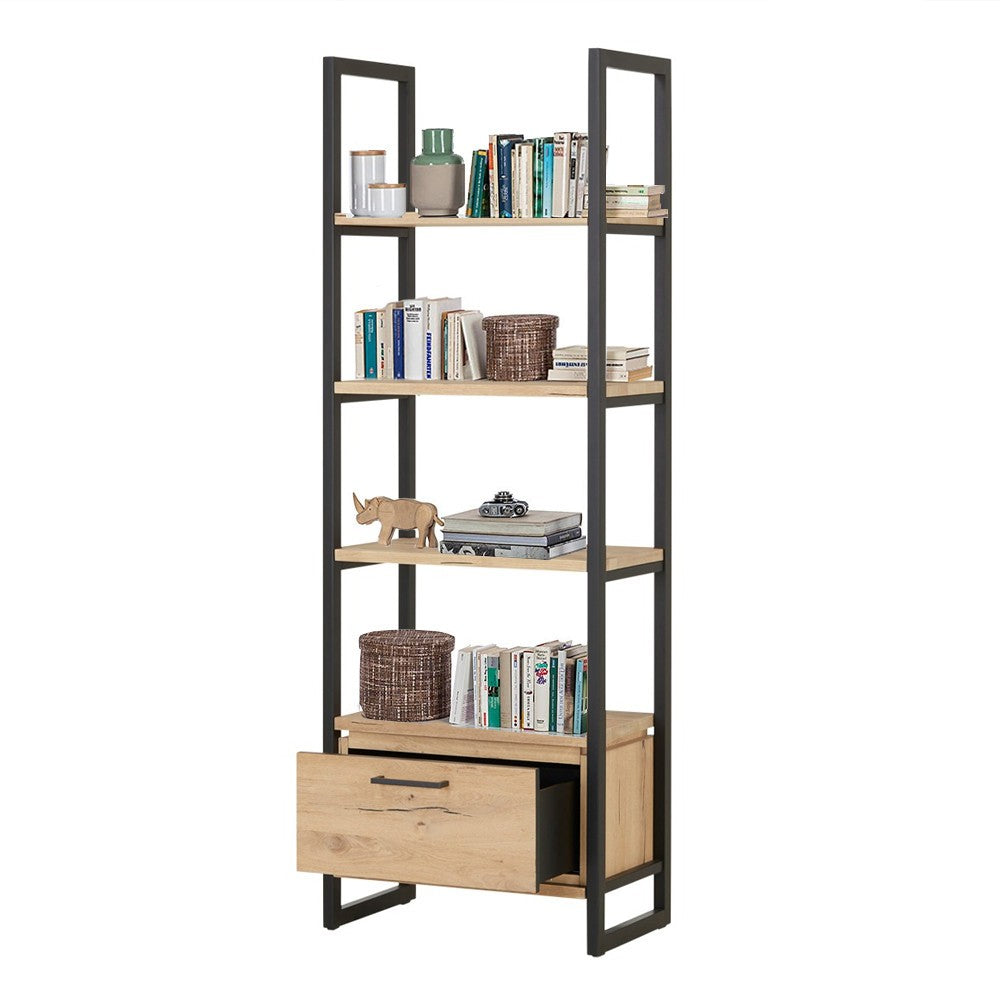 Biblioteca Reno Cu 1 Sertar, Smoked Oak, Furnir Din Lemn Masiv, 69.5 Cm